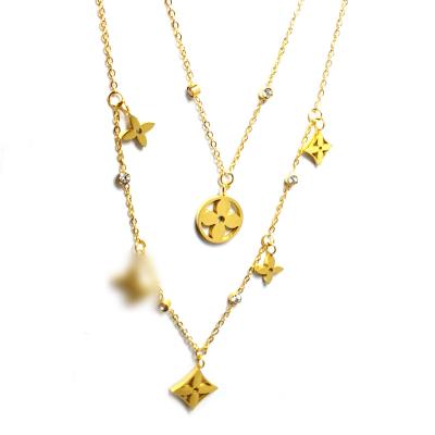 China FASHIONABLE Korean Four Leaf Clover With Zircon Double Layer Tassel Stainless Steel Necklace Plated With 18K Gold Women's Fashion Necklace for sale