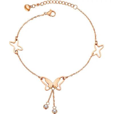 China Zircon Butterfly Tassel Stainless Steel Trendy Inlaid Anklet Chain Women Temperament 18K Gold 18K Gold Sweet Fashion Jewelry for sale