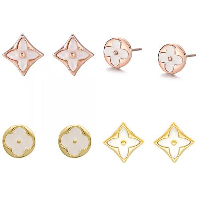 China Fashion Lucky Clover Jewelry White Fritillary Round&Rhombus Four Clover Leaf Stainless Steel Stud Earrings Women High Quality TRENDY for sale