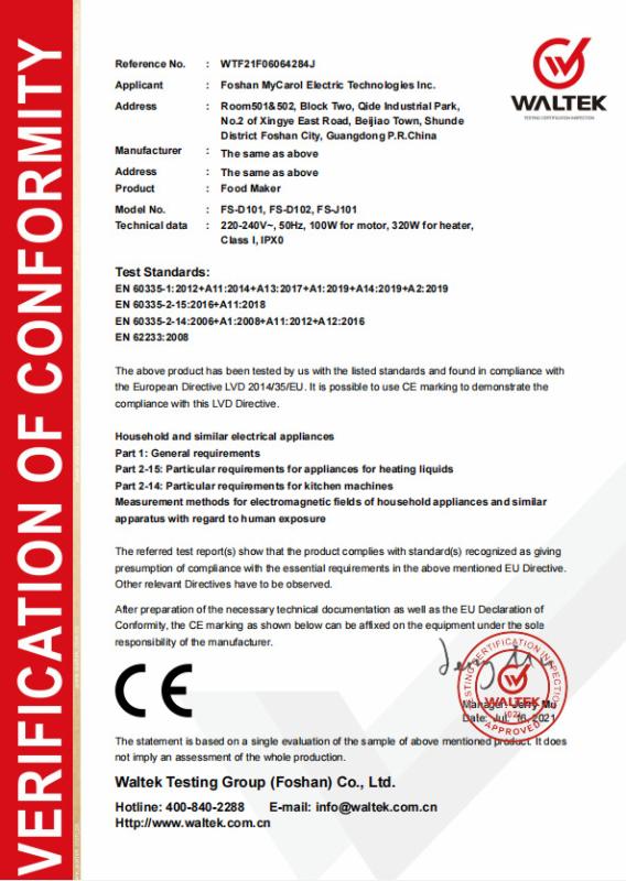 CE - Foshan Mycarol Electric Technologies Inc.