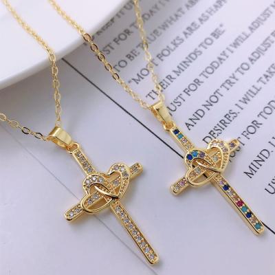 China Religious Diana Jewelry Colorful Diamond 18K Gold Plated Jesus Forever Love Cross Pendant Zirconia Necklace Women Valentine's Gift for sale