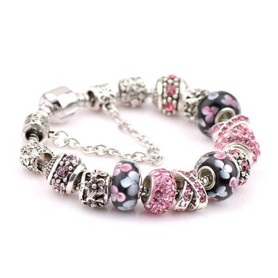 China European and American Pink Cherry Blossom Diy Chain Fashion Vintage Silver Plated Gemstone Bracelet for sale