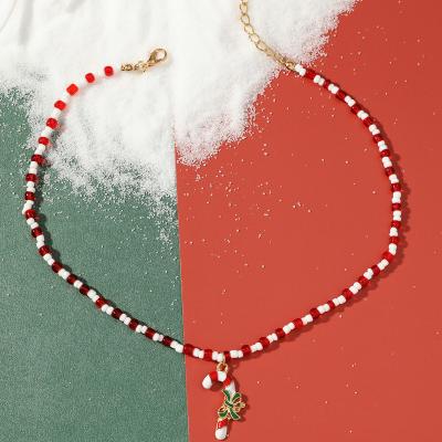 China Fashion Small Red Color Pearl Necklace Christmas Crutch Pendant, Jewelry 18K Pvd Gold Plated Pearl Chain Necklace, Christmas Gift Set for sale