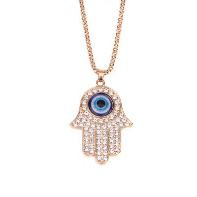 China Fashion Vintage Hand of Fatima Full Rhinestone Hip Hop Personality Necklace Jewelry Demon Eye Border Pendant for sale