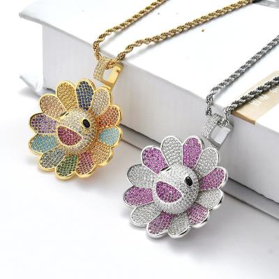 China Fashion Men's Hip Hop Sun Flower Pendant Micro-inlaid Colorful Zircon Tide Brand Flower Spinning Pendant Necklace for sale