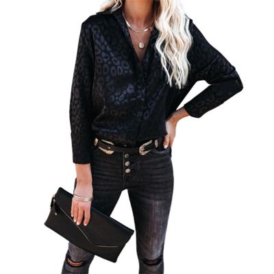 China Wholesale Custom Viable V Neck Sleeve Button Autumn Black Leopard Print Blouse Long Bottom Shirts Tops For Women for sale