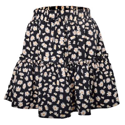 China Summer Breathable Women's Fashion High Waist Ruffled Floral Daisy Skirt Pleated Boho Beach A-line Short Skirt for sale