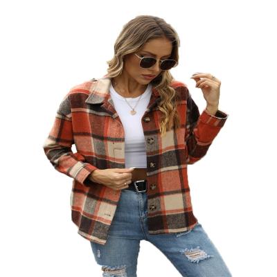 China Anti-Wrinkle Ready To Ship Long Lapel Sleeve Turn Down Loose Collar Girls Wool Breasted Plaid Shirt Coat Female for sale