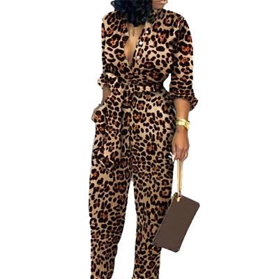 China Breathable Sexy Long Sleeves Leopard Printed Waist Belt Fashion Women Overalls for sale