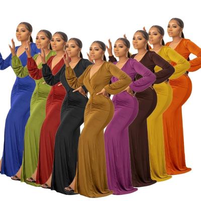 China 2022 Women's Breathable Plain Long Sleeve Elegant Casual V-Neck Slit Pleated Pleated Maxi Party Dress Stylish Sexy Cheap Long Prom Dress for sale