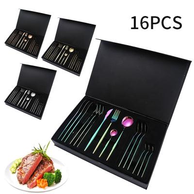 Κίνα 16pcs Fork And Spoon Set Viable Portuguese Flat Dinnerware Sets Luxury Gold Stainless Steel Restaurant Cutlery Set With Gift Box προς πώληση