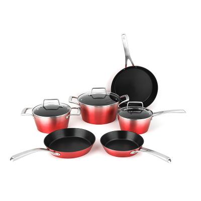 Chine Red Nonstick Cooking Pots And Pans Gradient Wholesale Viable Enameled Non Coating Aluminum Cookware Stick Cookware Sets à vendre