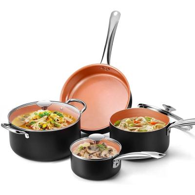 China Sustainable Nonstick Cooking Pots And Pans Copper Cookware Set Ceramic Kitchen Aluminum Alloy Non Stick Cookware Sets Te koop