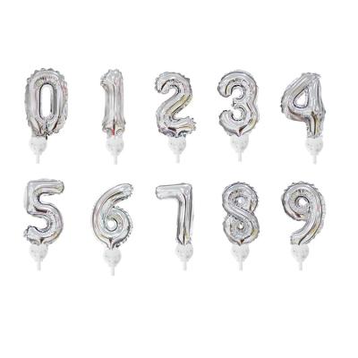 China Gift Toy Mini Number Foil Balloon Cake Stick Toppers Number Mylar Silver Self Inflatable Balloons With Stick Factory Custom for sale