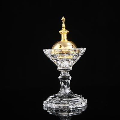 China Beautiful Crystal Incense Burner With Lid Metal Glass Bakhoor Burner Incense Incense Oud Portable Chinese Arabic Spa Burner for sale