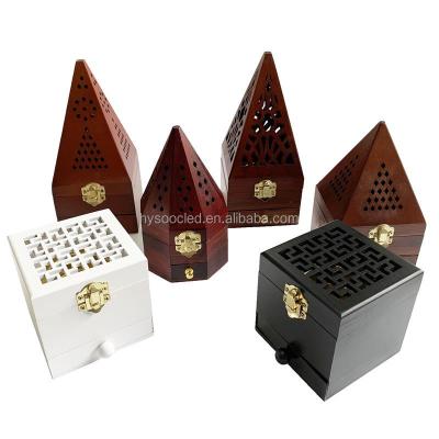 China Indian handmade wooden pyramid mubkhar pyramid bakhoor incense burner home decor shisha charcoal bakhoor incense arabic censer for sale