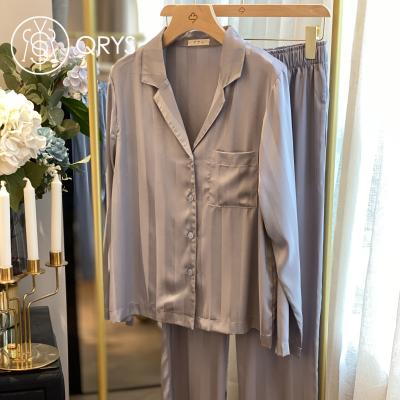 China Spring Summer Simple Imitation Silk Simple Imitation Silk QUICK DRY New Stripe Couples Pajamas Long Sleeves Spring Summer New Home Leisure Nightgown for sale