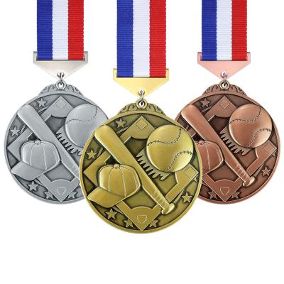 China LY Europe and America Baseball Medals Name Engrave Custom Logo Design Zinc Alloy Sublimable Gold Sports Metal Baseball Awards Medals and Ribbons for sale