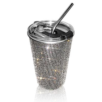 China 20oz Vacuum Insulation Vacuum Stainless Steel Straw Coffee Cup Viable Instant Straight Body Straight Dough Rhinestone Slimming Mug for sale