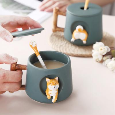 China Viable Cute Universal Mugs Couples Home Friends Mugs With Lid Spoon Coffee Mug Shiba Inu Mug Gift for sale