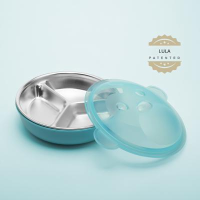 China LULA Sustainable BPA FREE Three Compartments Hot Training Tableware Anti Children 316 Stainless Steel Eating Food Dishes With Clear Lid for sale