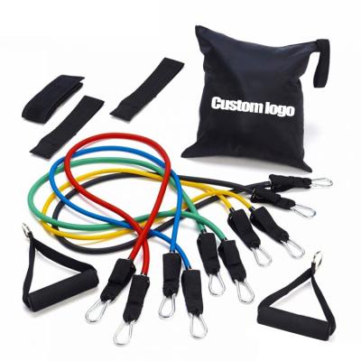 China Custom Logo Durable 11 Piece Fitness Yoga Exercise Latex Resistance Tube Bands Set With Foam Grips for sale