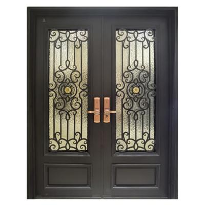 China Modern Exterior Fancy Design Metal Wrought Iron Security Storm Luxury French Entry Doors Anti Theft Double Front Entry HS-ID011 for sale