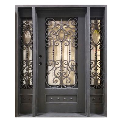 China HS-ID010 Swing Iron Pipe Security Front Door Waterproof Modern Exterior Simple Custom French Storm Front Doors with Sidelights for sale