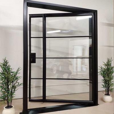 China HS-IPID01 Bullet Proof Front Entry Black Exterior Modern Modern Iron Frame Pivot Glass Door for sale