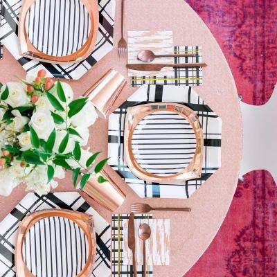 China Party Decoration Party Decoration Paper Plate Plaid Rose Gold Party Tableware Hot Stamping Paper Plate Set for sale