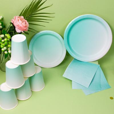 China 100% Eco-friendly Food Grade Green Gradient Cake Paper Plate Fruit Salad Disposable Food Trays For Parties for sale