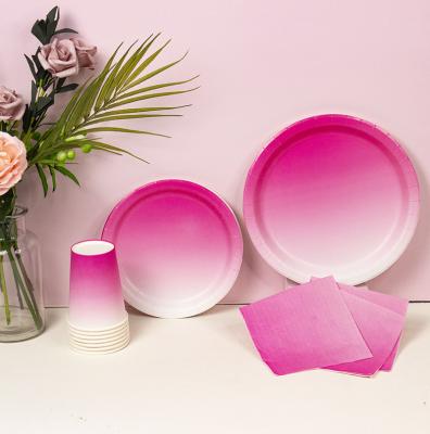 China 100% Eco-friendly Wholesale Disposable Tableware Gradient Paper Plates Paper Cups Events Supplies Pink Party Decorations for sale