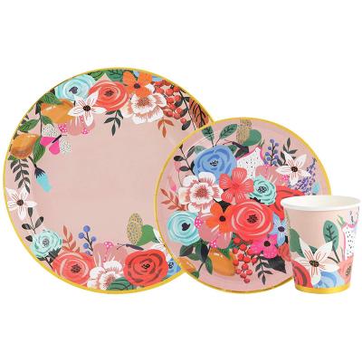 China Summer Disposable Paper Plates and Cups Set, Monet Garden Inspired Pink Floral with Gold Foil Design, Wedding Party Supplies Set for sale