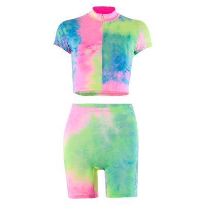 China QUICK DRY Two Piece Set Gym Shorts Women Tie Dye Sets Crop Top Gym for sale