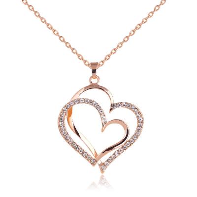 China 2021 Fashion Gold Plated Jewelry Crystal Double Heart Romantic Jewelry Chain Pendant Necklace I Love You For Women Gift - for sale