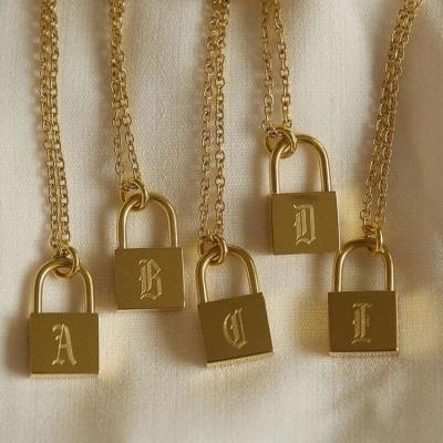 China Custom CLASSIC Old English Style A-Z Capital Initial Letter Engraved Gold Stainless Steel Lock Necklace for sale