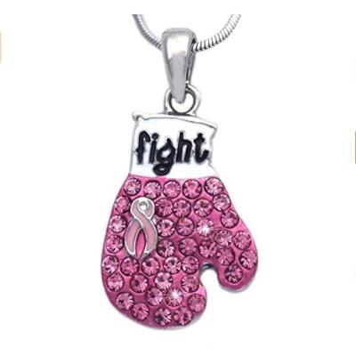 China TRENDY Pink Ribbon Breast Cancer Awareness Jewelry Boxing Gloves Design Crystal Necklace For Women for sale