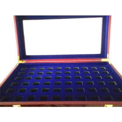 China Brown Wooden Box Packaging Championship Rings Box 60 Holes Blue Velvet Rings Display Box for sale