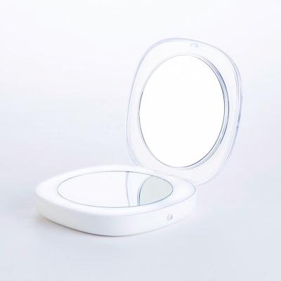 China LULA Mini Portable Hand Round 5X Lighted Mirror 360 Magnify Hand Stand Foldable Pocket Makeup Mirror with LED Lights for sale