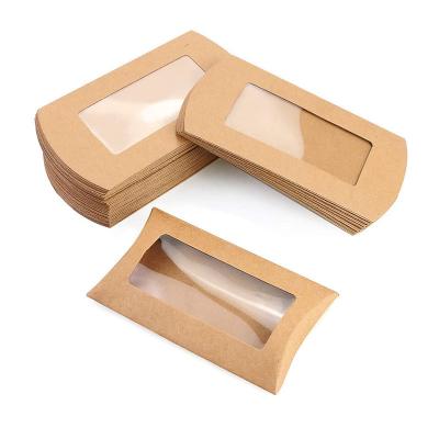 China Small Gift Package Custom Window Pillow Boxes Yellow Kraft Paper Pillow Box for sale