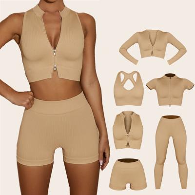 China Breathable Women 6 Piece Ribbed Yoga Set Zipper Natural Color Activewear Suit Jogger Seamless Sportswear Fitness Workout Gym Clothing for sale