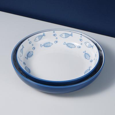 China Vintage Style Viable Fish Pattern Printed Blue Ceramic Dish Plate Ceramic Dinner for sale