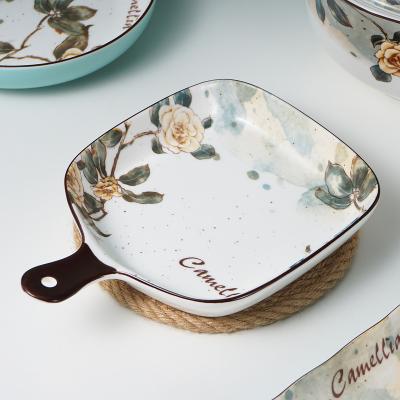 China Sustainable Oven Safe Camellia Printing Porcelain Dish Flower Porcelain Plates Ceramic Baking Dish for sale