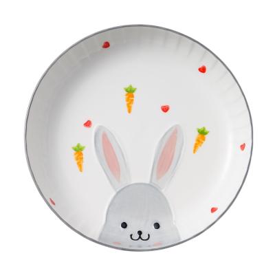 China Sustainable Rabbit Hand Painted Pattern Embossed Cartoon Dish Set Ceramic Dinner Dish Porcelain Porcelain for sale