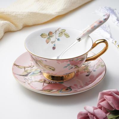 China Sustainable European Style Flower And Bird Luxury Pink Tea Cup Set Bone China Tea Cups Bone China for sale