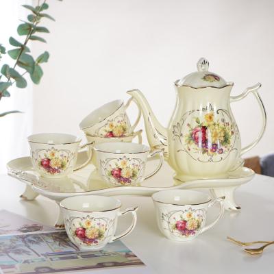 China Sustainable European Style Rose Pattern Yellow Glaze Tea Pot Set Ceramic Porcelain Tea Sets Vintage Tea Set for sale