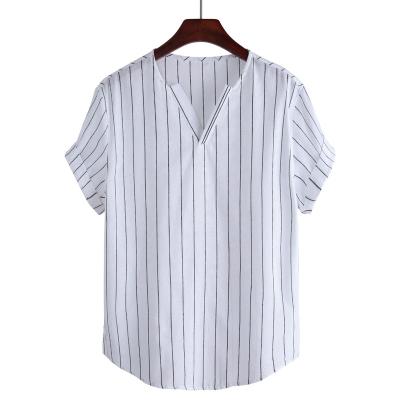 China Wholesale Men's Anti-pilling Summer Polyester Cotton Leisure V Neck Sweater Short Sleeve Stripped Shirts for sale