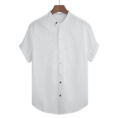 China Wholesale Cotton Polyester Men's Anti-pilling Stand Casual Vertical Striped Collar Short Sleeve Shirts for sale