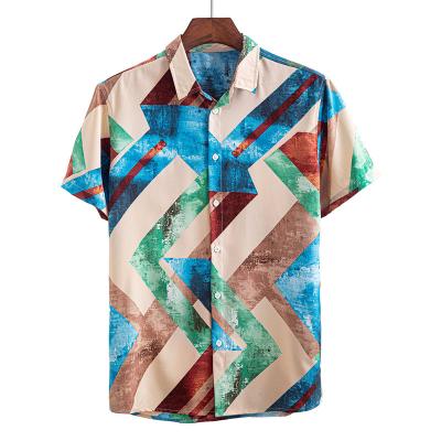 China 2022 New Hawaiian Full Geometric Printing Eye-Catching Casual Poplin Men's Anti-pilling Short Sleeve Shirt for sale