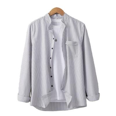 China Anti-pilling Stand Collar With Pocket Polyester Viscous Rayon Fabric Long Sleeve Sublimation Stripe Shirts For Men for sale